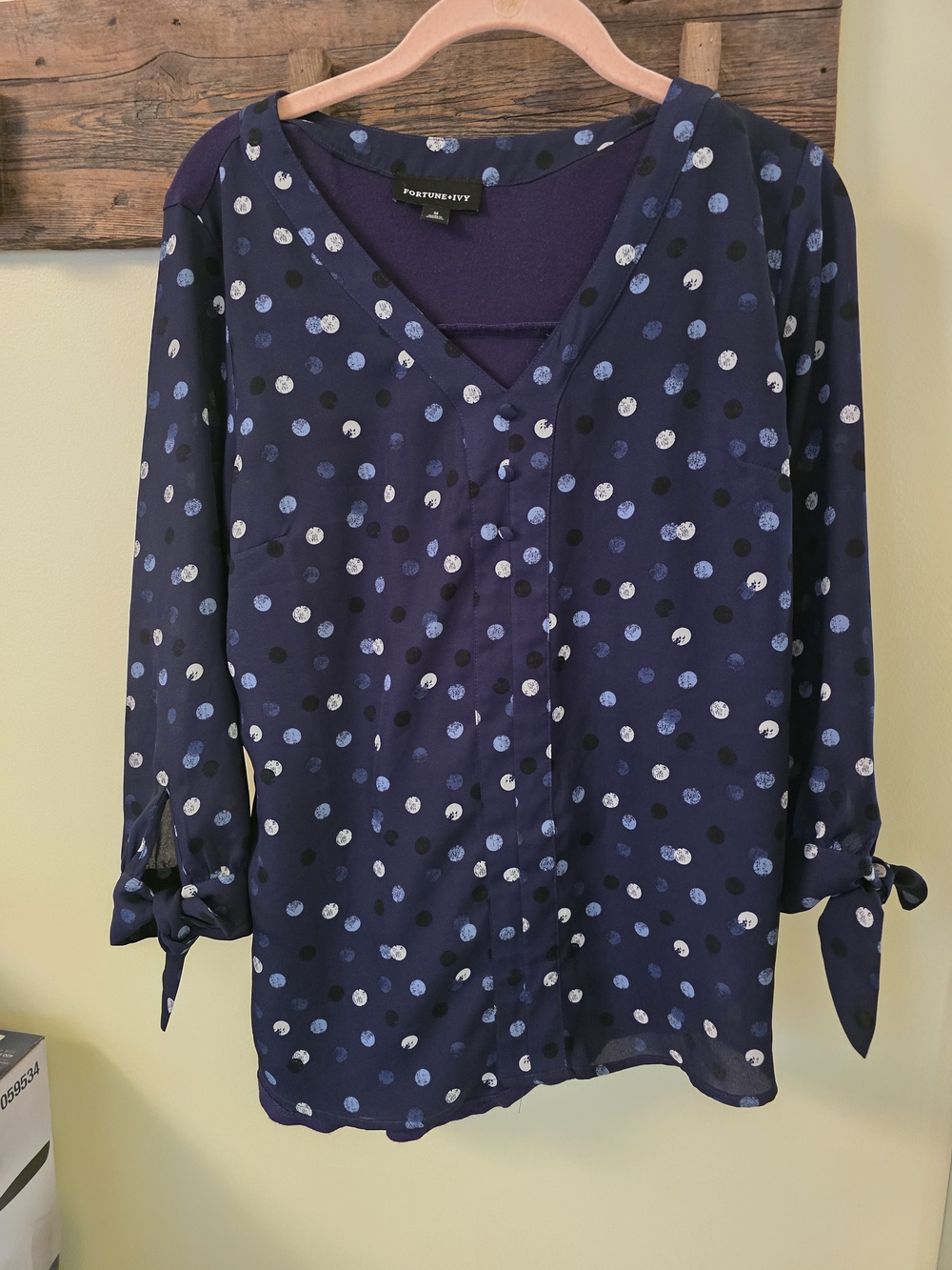 Fortunoff Navy Polka Dot V-Neck Tie-Sleeve Blouse